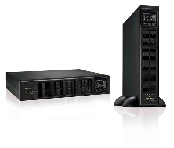 UPS EVO DSP PLUS 1200 RACK/TOWER IEC TOGETHER ON angled front view of device standing upright and laying sideways